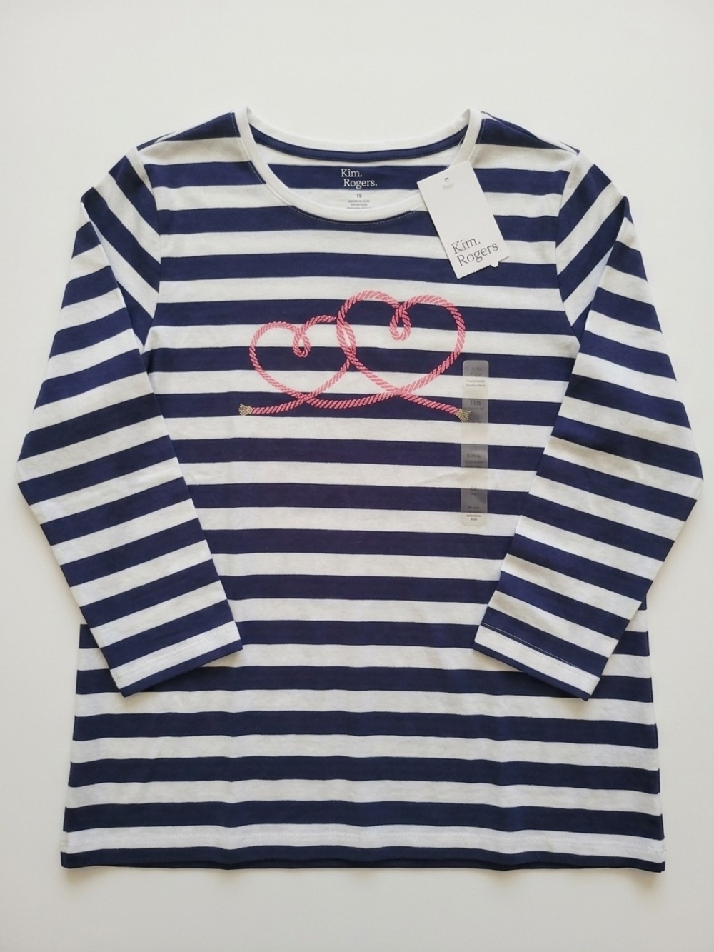 Kim Rogers Navy and White Striped Long Sleeve Tee with Pink Heart Rope